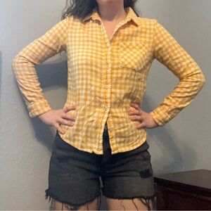 Forever 21 Yellow White Gingham Button-Up Long-Sleeved Top Women’s Size Small